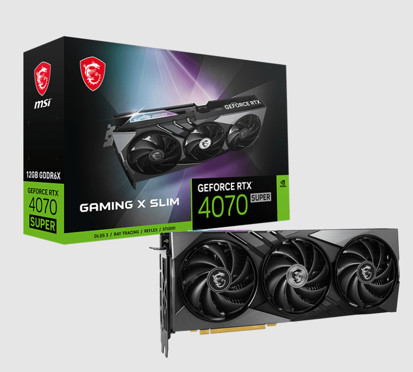  nVIDIA GeForce RTX 4070 SUPER 12G GAMING X SLIM<br>Boost Mode: 2640 MHz, 1x HDMI/ 3x DP, Max Resolution: 7680 x 4320, 1x 16-Pin Connector, Recommended: 650W  